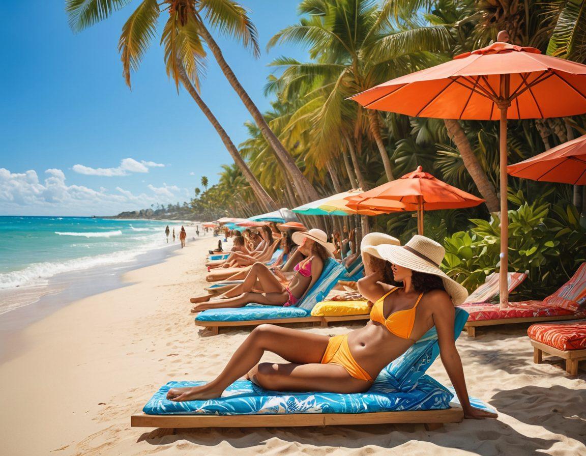 A vibrant beach scene showcasing diverse swim attire ranging from colorful bikinis to stylish resort wear. Include a sun-drenched sandy beach with palm trees swaying in the background, people enjoying the sun, and beach umbrellas in various patterns. The image should evoke a sense of relaxation and fashion, highlighting accessories like hats, sarongs, and sunglasses. Emphasize bright colors and an inviting atmosphere. super-realistic. vibrant colors. bright background.