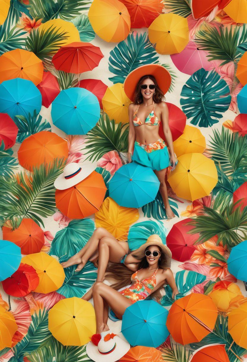 A colorful beach scene featuring various women of diverse backgrounds showcasing trendy bikinis and stylish swimwear. The background should include sun umbrellas, palm trees, and playful waves, capturing the essence of summer. Vibrant patterns and colors should dominate the swimwear designs, creating an energetic and joyful atmosphere. Add playful elements like beach balls and sun hats to enhance the summer vibe. super-realistic. bright colors. vibrant summer background.